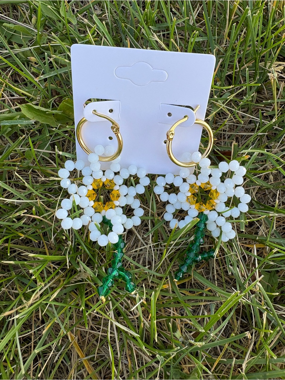 Beaded Daisy Hoop Earrings - White, Yellow & Green